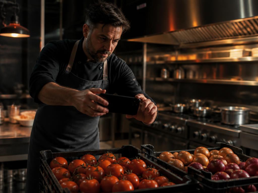 Chef capturing stock crates with a phone camera in a commercial kitchen